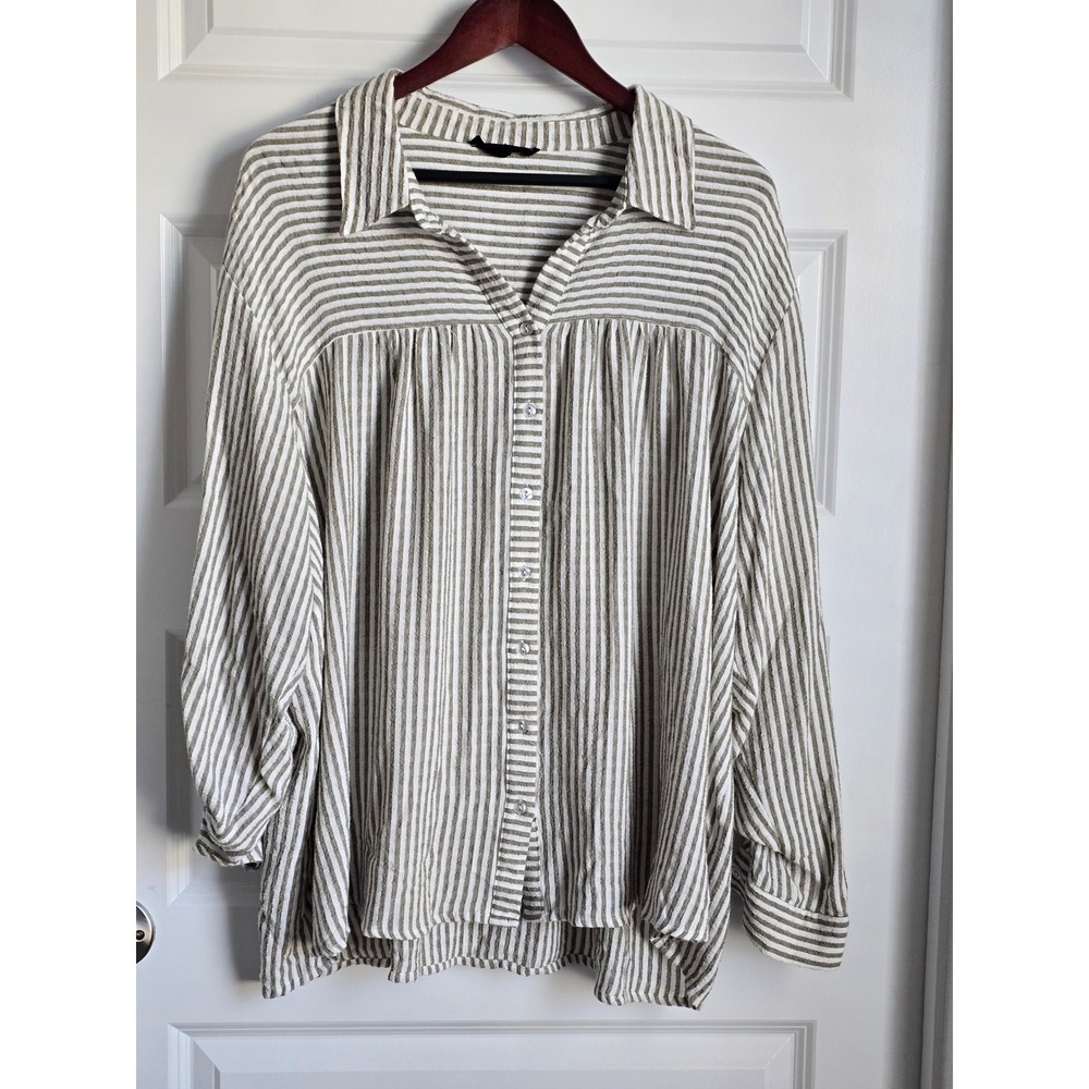 Jane + Delancey Womens 3X Striped Button Down Blouse Olive Green White Roll Tab